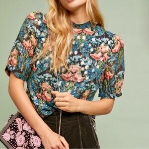 Anthropologie Meadow Rue Embroidered Floral Blouse Womens XS Boho Cottagecore